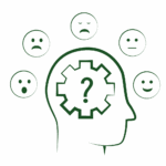 Illustration d’un cerveau en questionnement entouré d’émoticônes, représentant un trouble anxieux